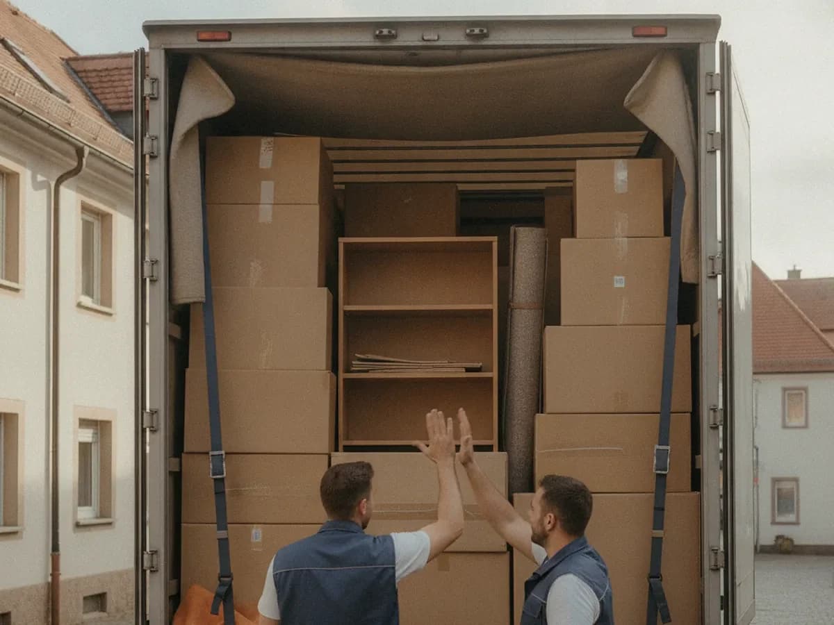 Zwei Möbelpacker klatschen sich nach getaner Arbeit ab