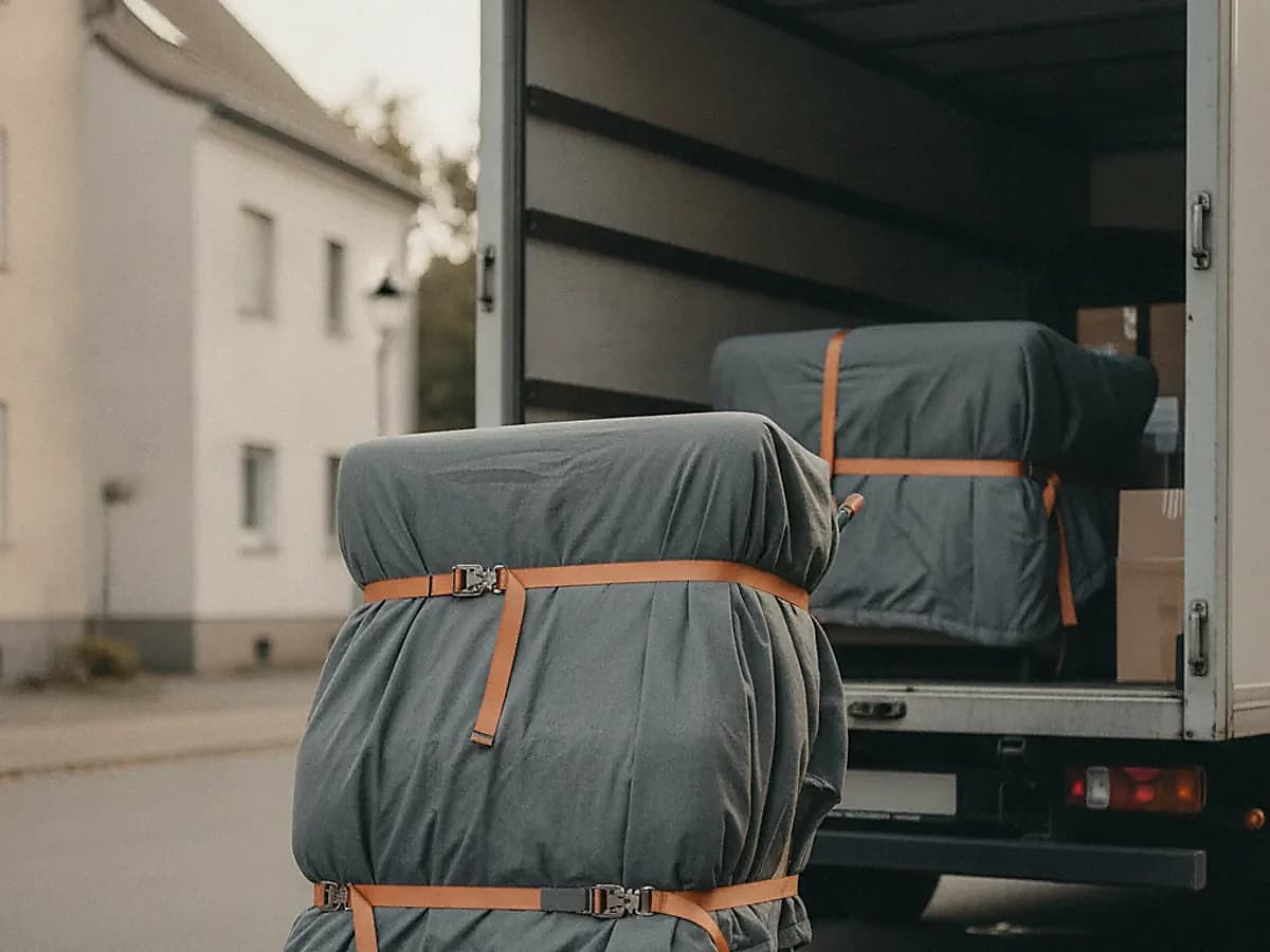 Eingepacktes Sofa auf einer Sackkarre vor einem Transporter