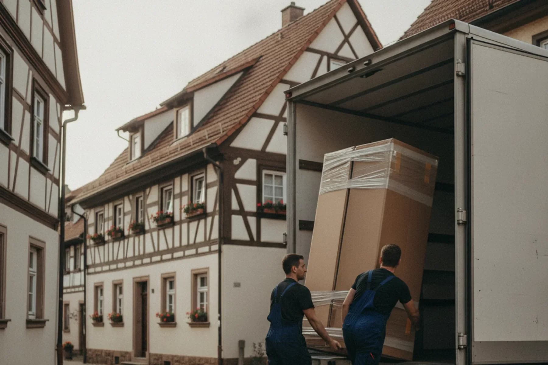 Zwei Möbelpacker tragen einen eingepackten Kleiderschrank in einen Umzugswagen vor einem Haus in Müllheim-Niederweiler